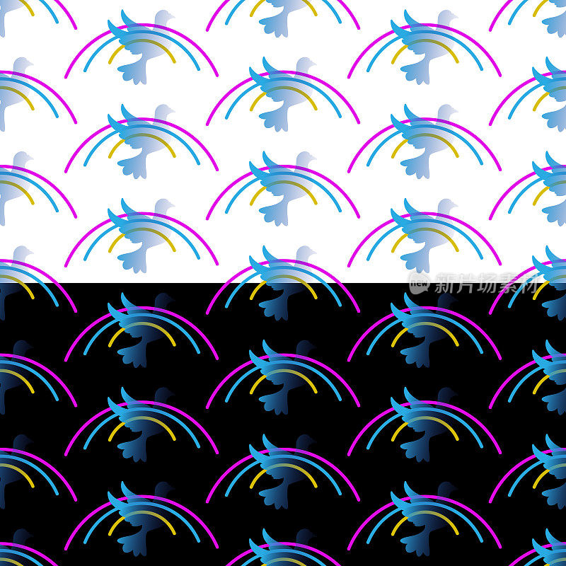Rainbow seamless pattern. Dove, Peace symbol silhouette, hand drawn minimalist sky arch, lilac yellow neon colors, blue gradient. White or black editable background. Vector